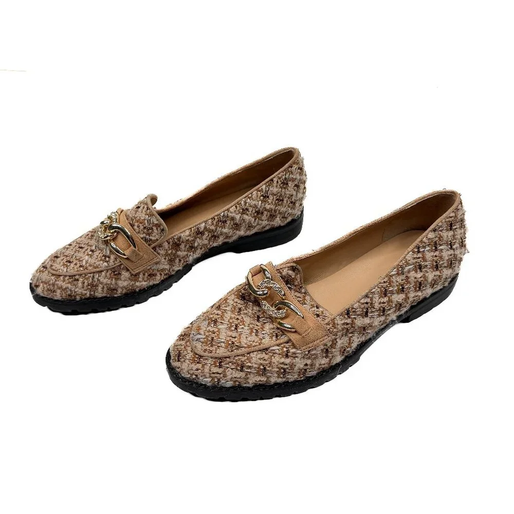 Talbots Leighton Chain Metallic Boucle Tweed Loafers Café Ivory Sz 8 1/2M - NWOT